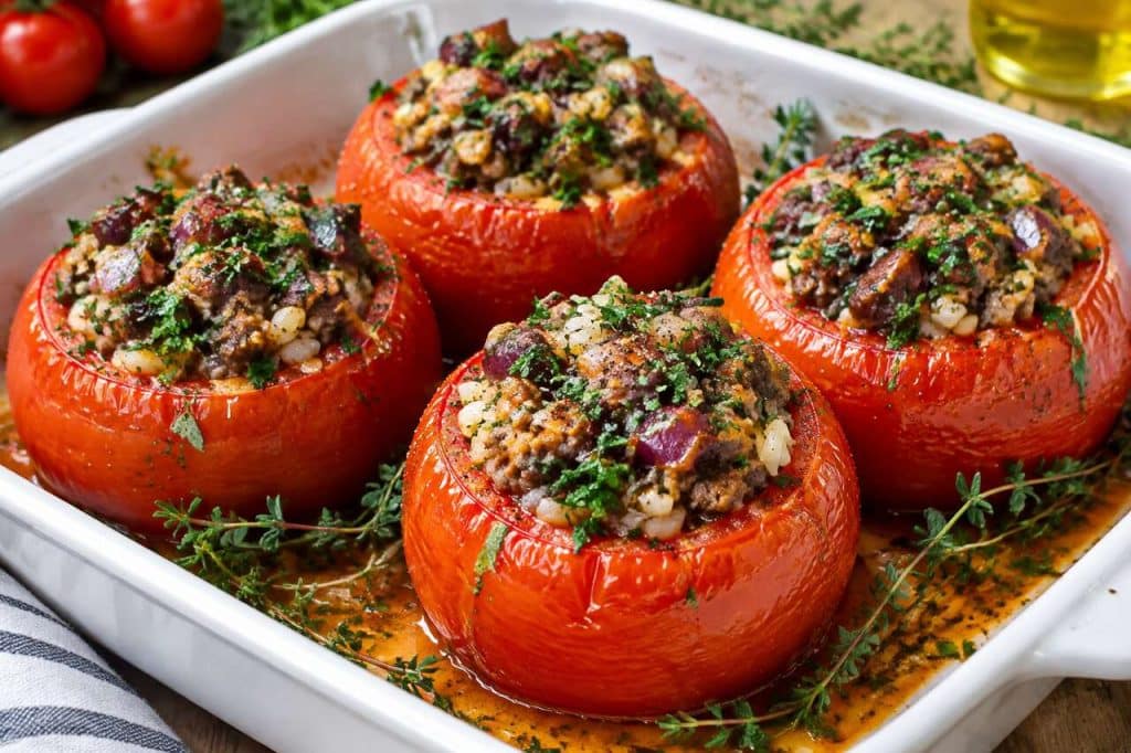 Tomates farcies au riz, boeuf haché et oignons rouges