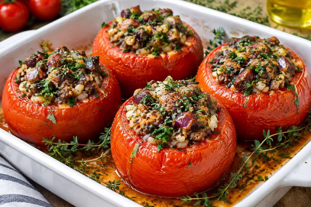 Tomates farcies au riz, boeuf haché et oignons rouges