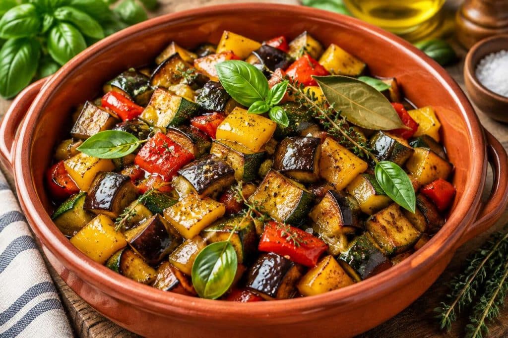 Poêlée de légumes méditerranéens : courgettes, aubergines, poivrons