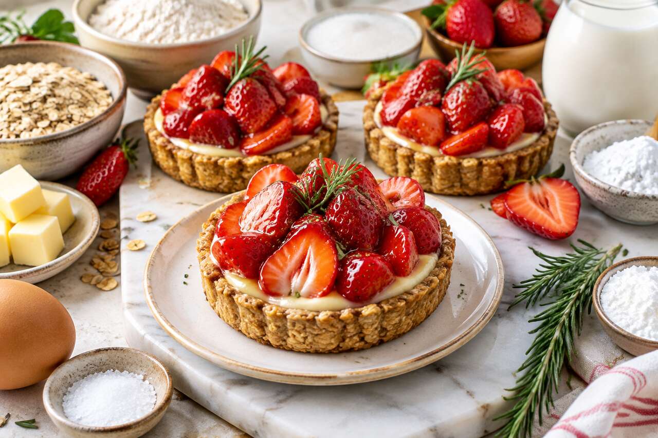 Tartelettes aux fraises : pâte croustillante à l'avoine et crème pâtissière au romarin