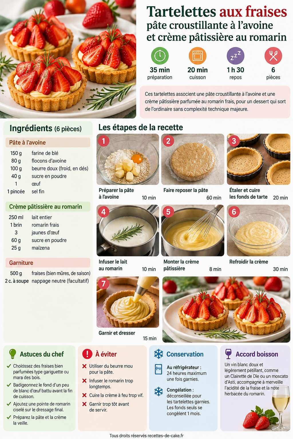 Fiche recette Tartelettes aux fraises : pâte croustillante à l'avoine et crème pâtissière au romarin Fiche recette Tartelettes aux fraises : pâte croustillante à l'avoine et crème pâtissière au romarin