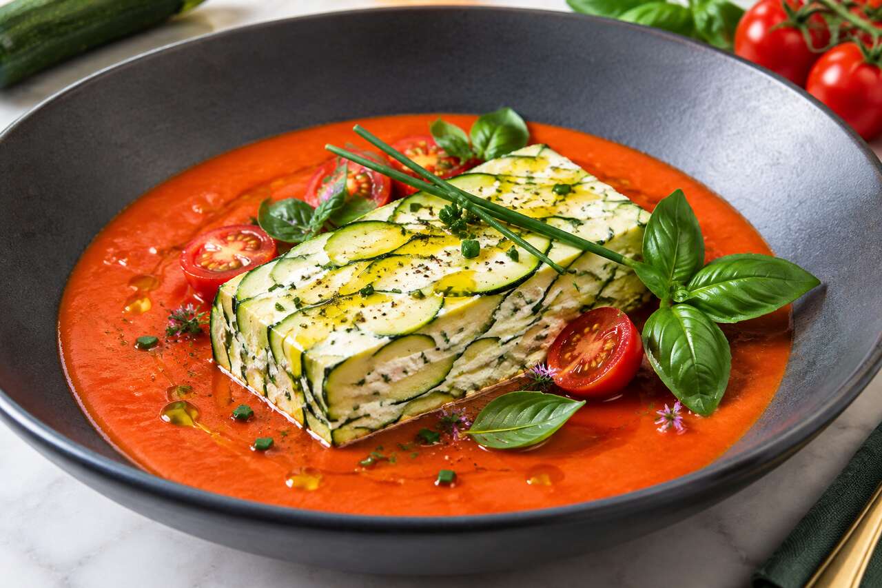 Terrine de courgettes au chèvre frais et velouté de tomates : la recette facile