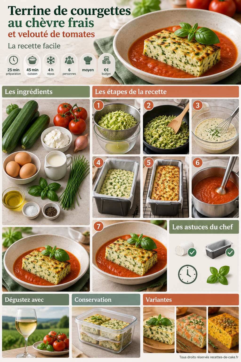 Fiche recette Terrine de courgettes au chèvre frais et velouté de tomates : la recette facile Fiche recette Terrine de courgettes au chèvre frais et velouté de tomates : la recette facile