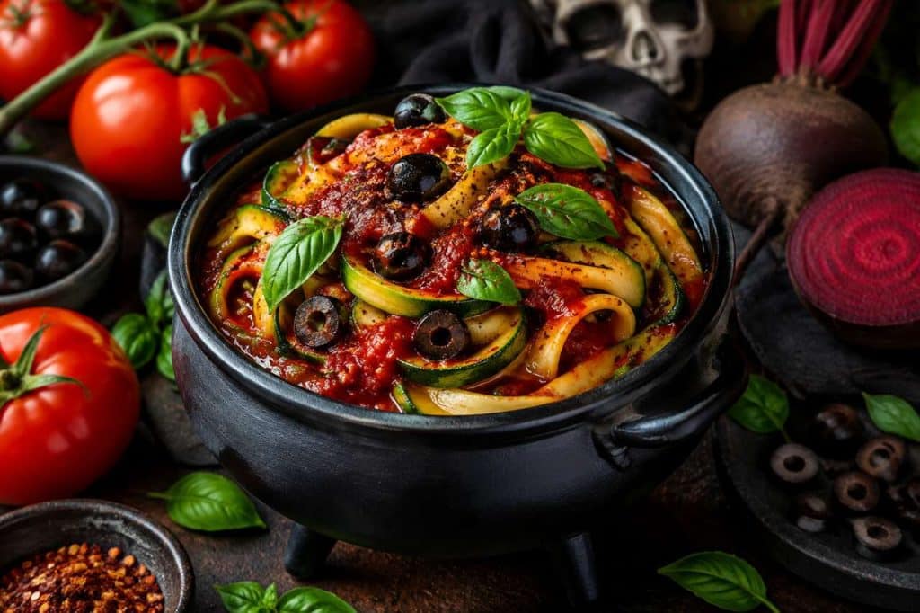 Spaghettis maléfiques à la courgette et sauce rouge sang : recette originale pour Halloween