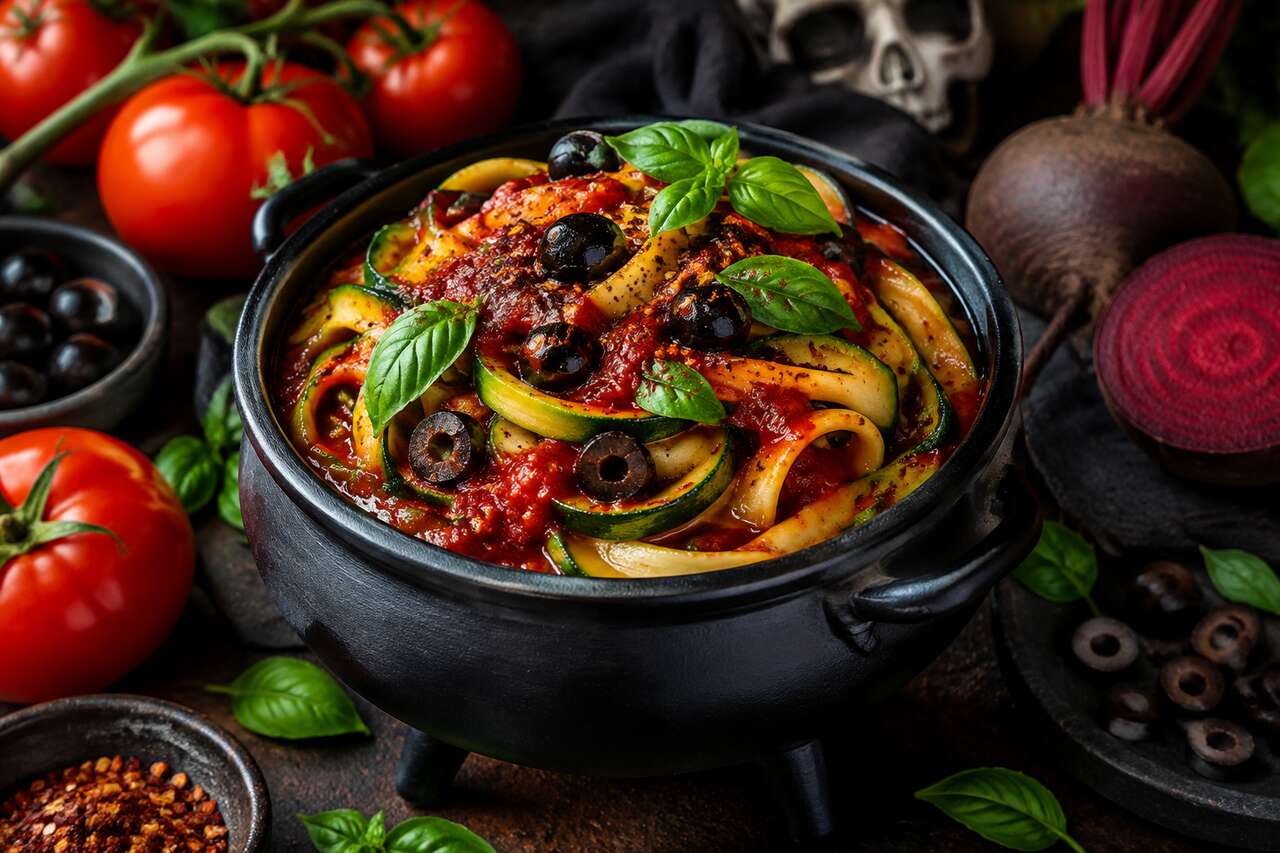 Spaghettis maléfiques à la courgette et sauce rouge sang : recette originale pour Halloween