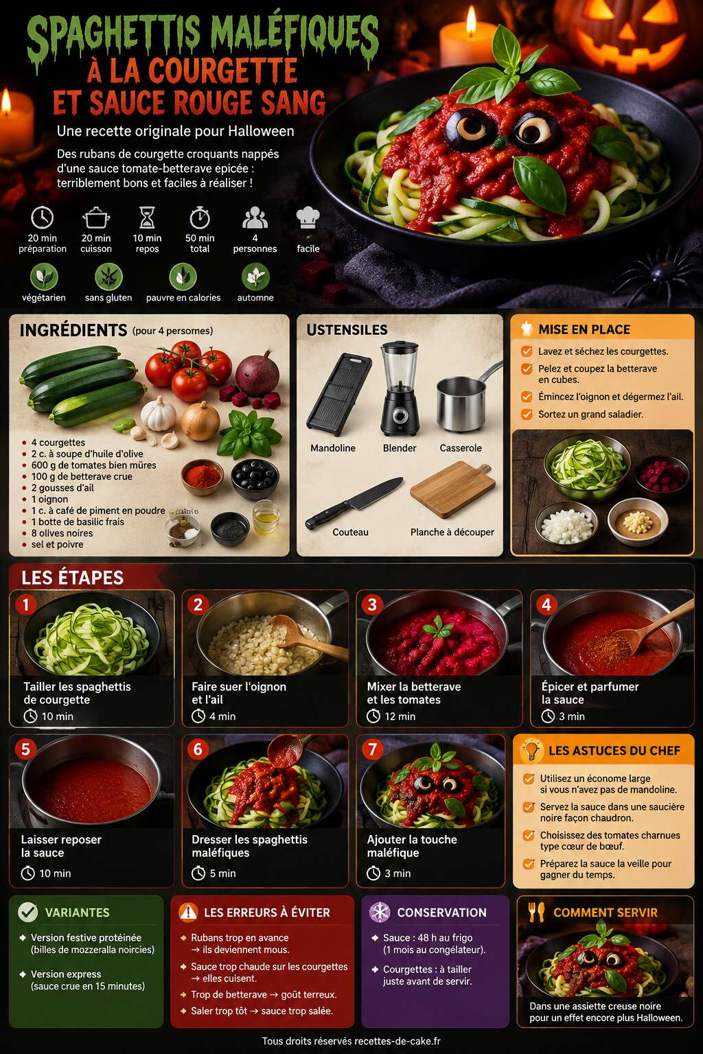 Fiche recette Spaghettis maléfiques à la courgette et sauce rouge sang : recette originale pour Halloween Fiche recette Spaghettis maléfiques à la courgette et sauce rouge sang : recette originale pour Halloween